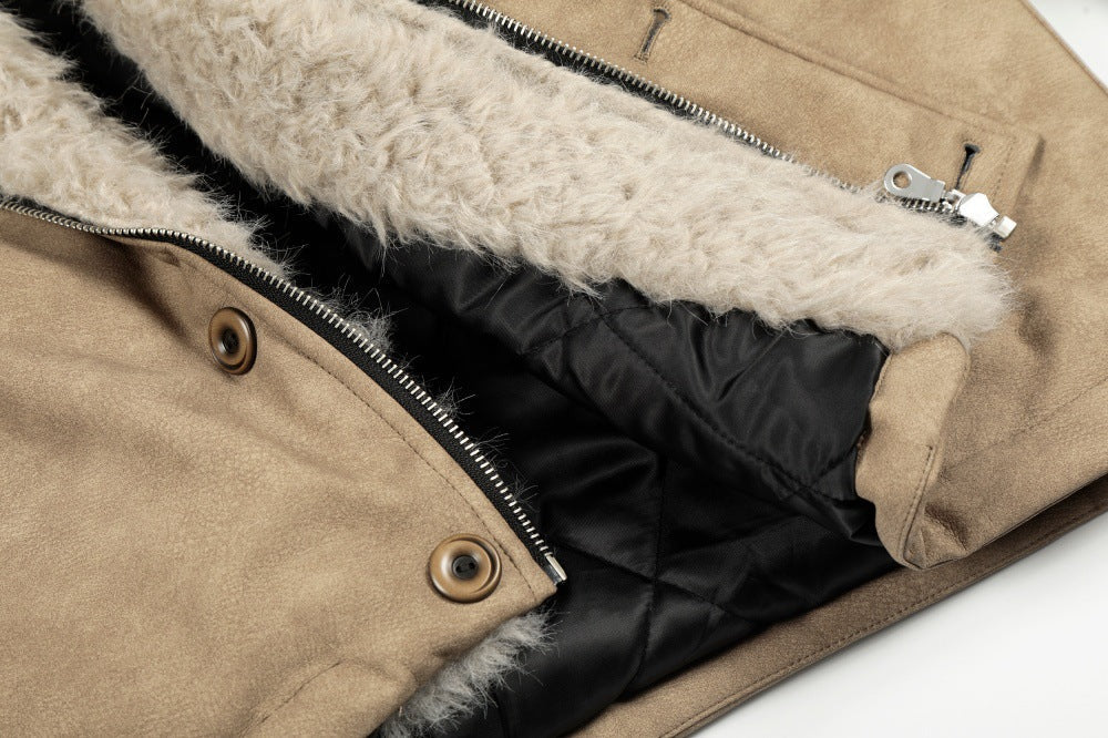 Thick Warm Punk Fur Collar Style PU Leather Jacket