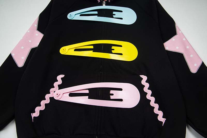 Star Appliqué Color-Block Zip Hoodie