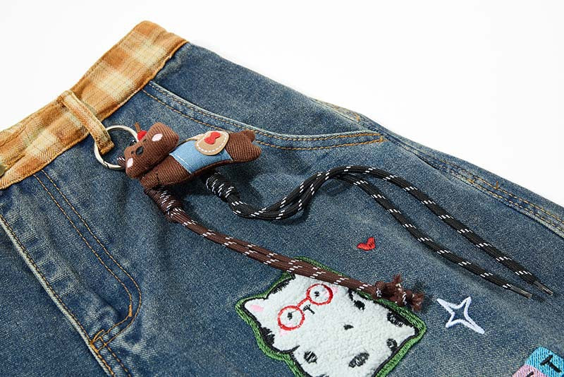 Colorful Wide-Leg Cargo Denim Pants