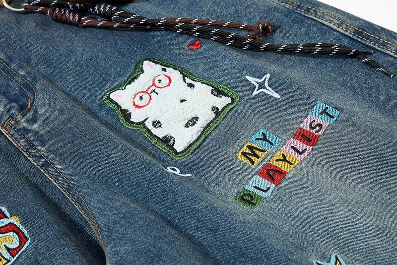 Colorful Wide-Leg Cargo Denim Pants