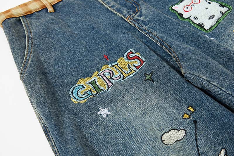 Colorful Wide-Leg Cargo Denim Pants