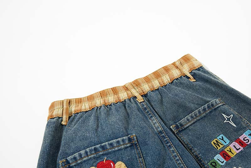 Colorful Wide-Leg Cargo Denim Pants