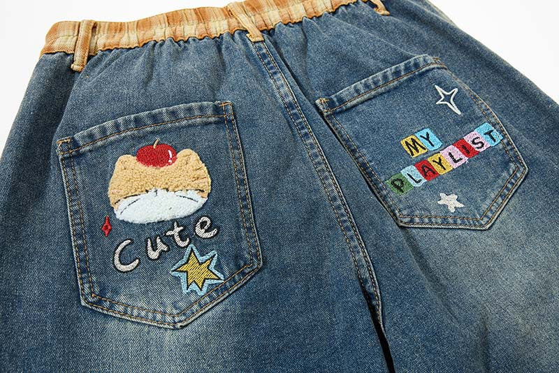 Colorful Wide-Leg Cargo Denim Pants