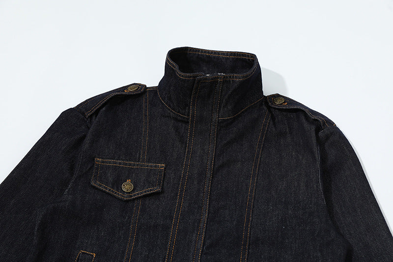 DAXUEN Cropped military denim jacket with gold stitching