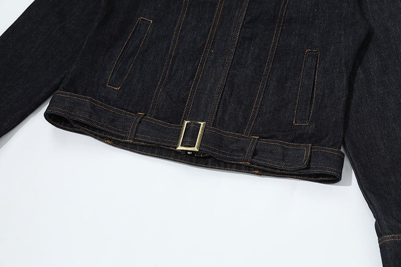 DAXUEN Cropped military denim jacket with gold stitching