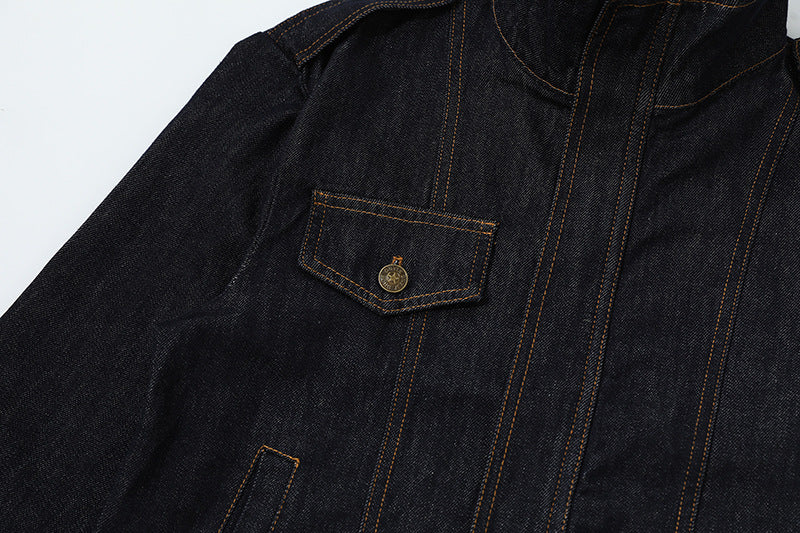 DAXUEN Cropped military denim jacket with gold stitching