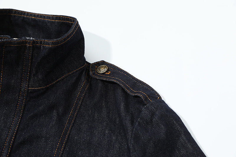 DAXUEN Cropped military denim jacket with gold stitching