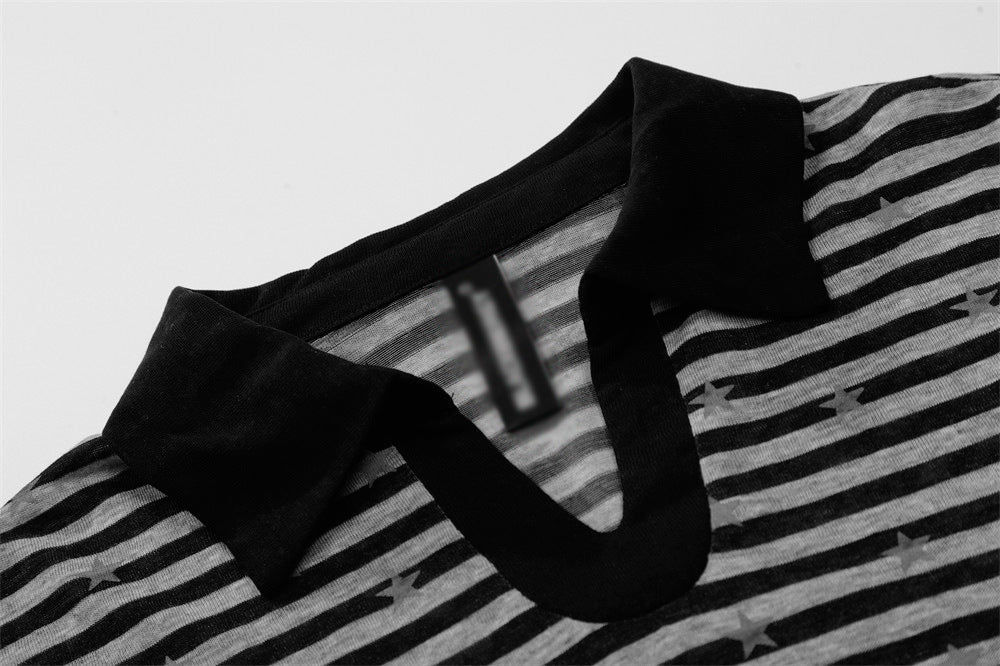 Star Print Striped Long-Sleeve Polo