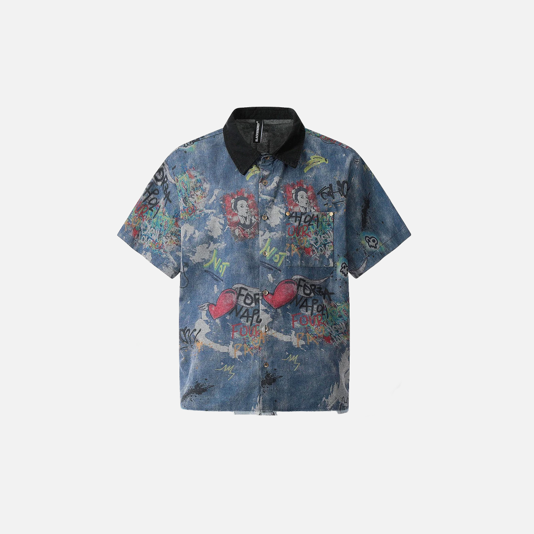 Oversized Graffiti Printed Vintage Denim Shirt
