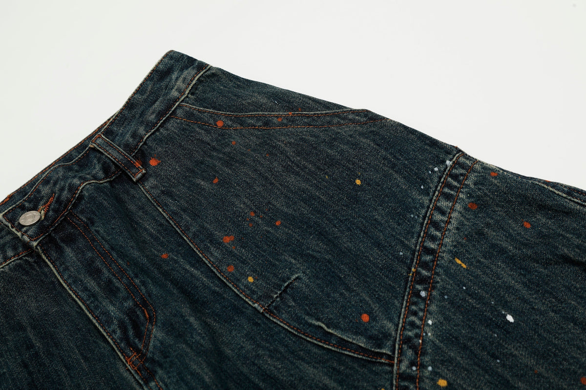 Calça Jeans Wide-Leg Patchwork com Respingos de Tinta Madxmarx