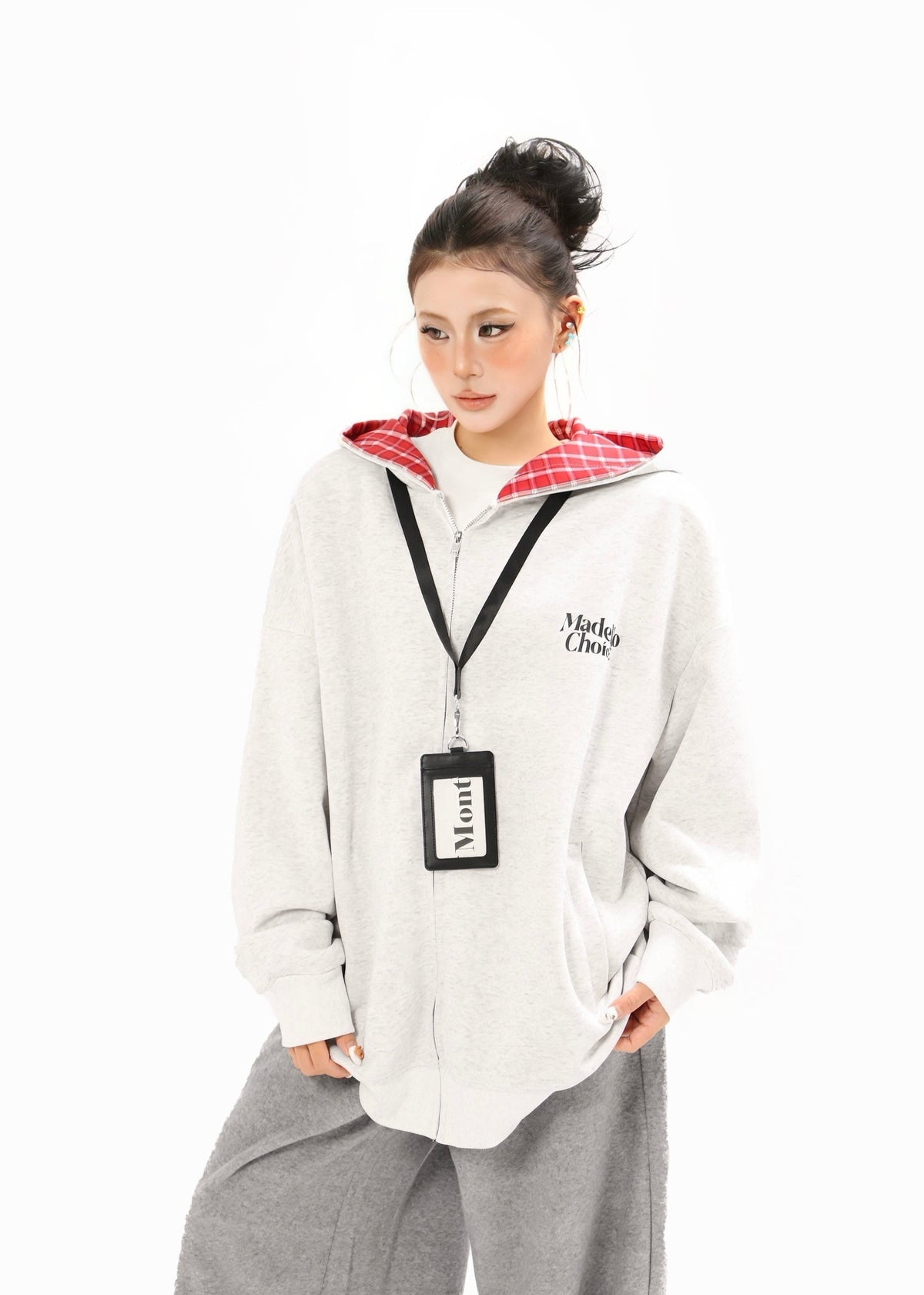Madxmarx Plaid-Lined Minimal Zip Hoodie