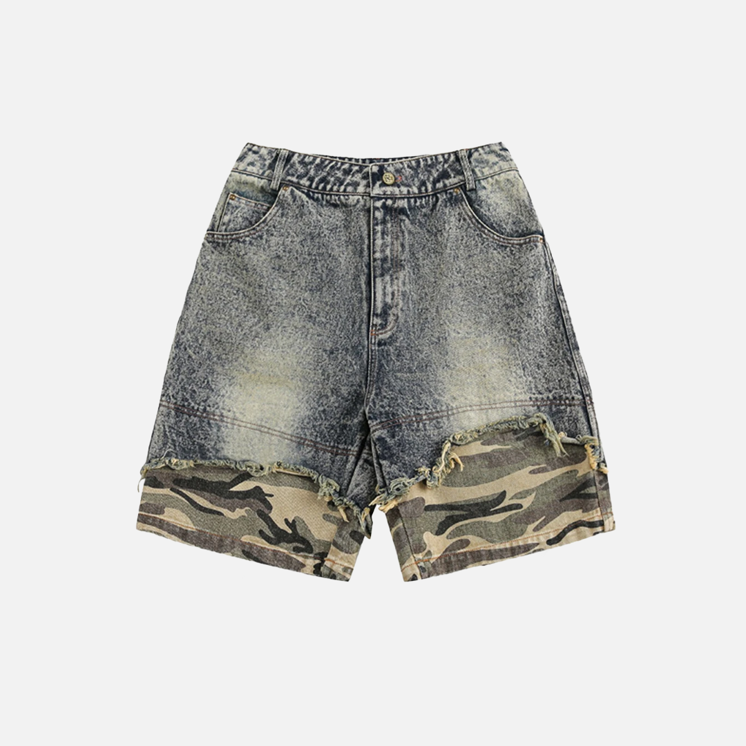Vintage Camouflage Patchwork Denim Shorts Jeans