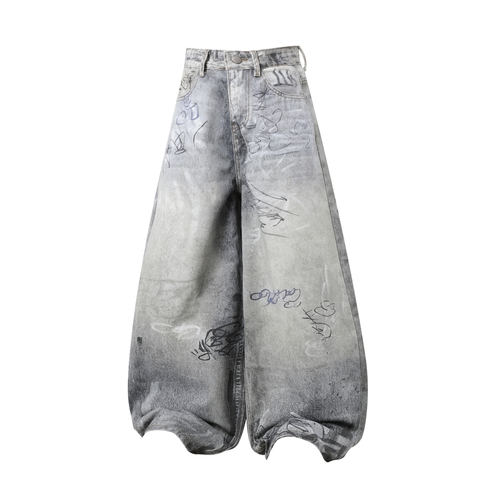 Madxmarx Graffiti Washed Curved Denim Pants - XS / Blue