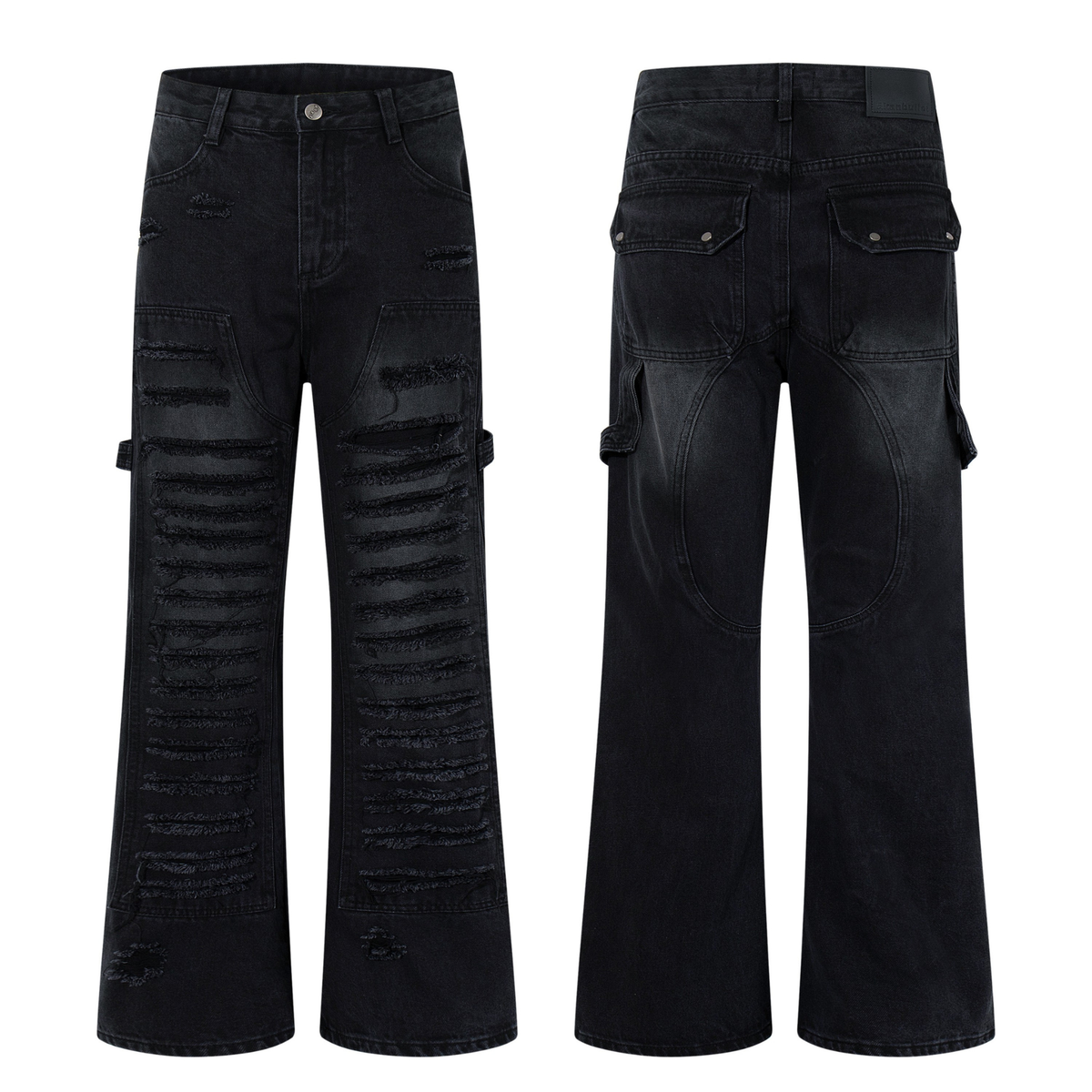 Calça Jeans Wide-Leg Preta Canelada Desfiada Madxmarx