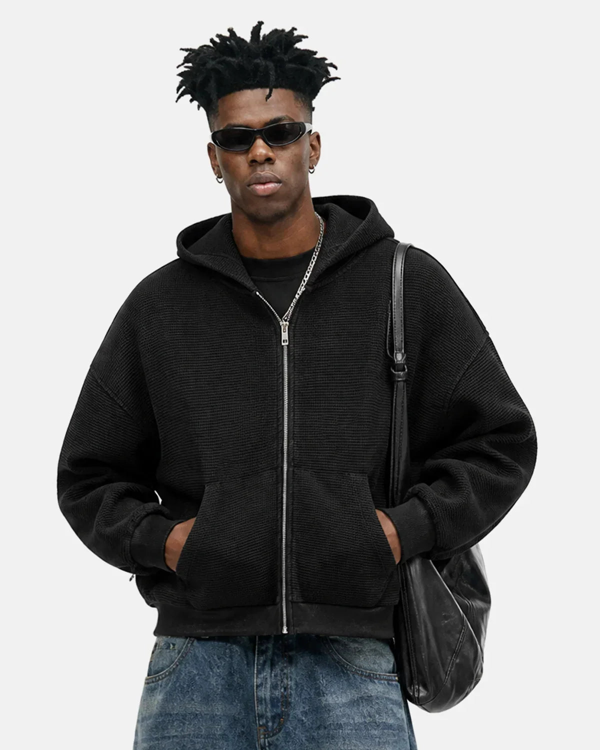 Sweat à capuche zippé gaufré délavé vintage