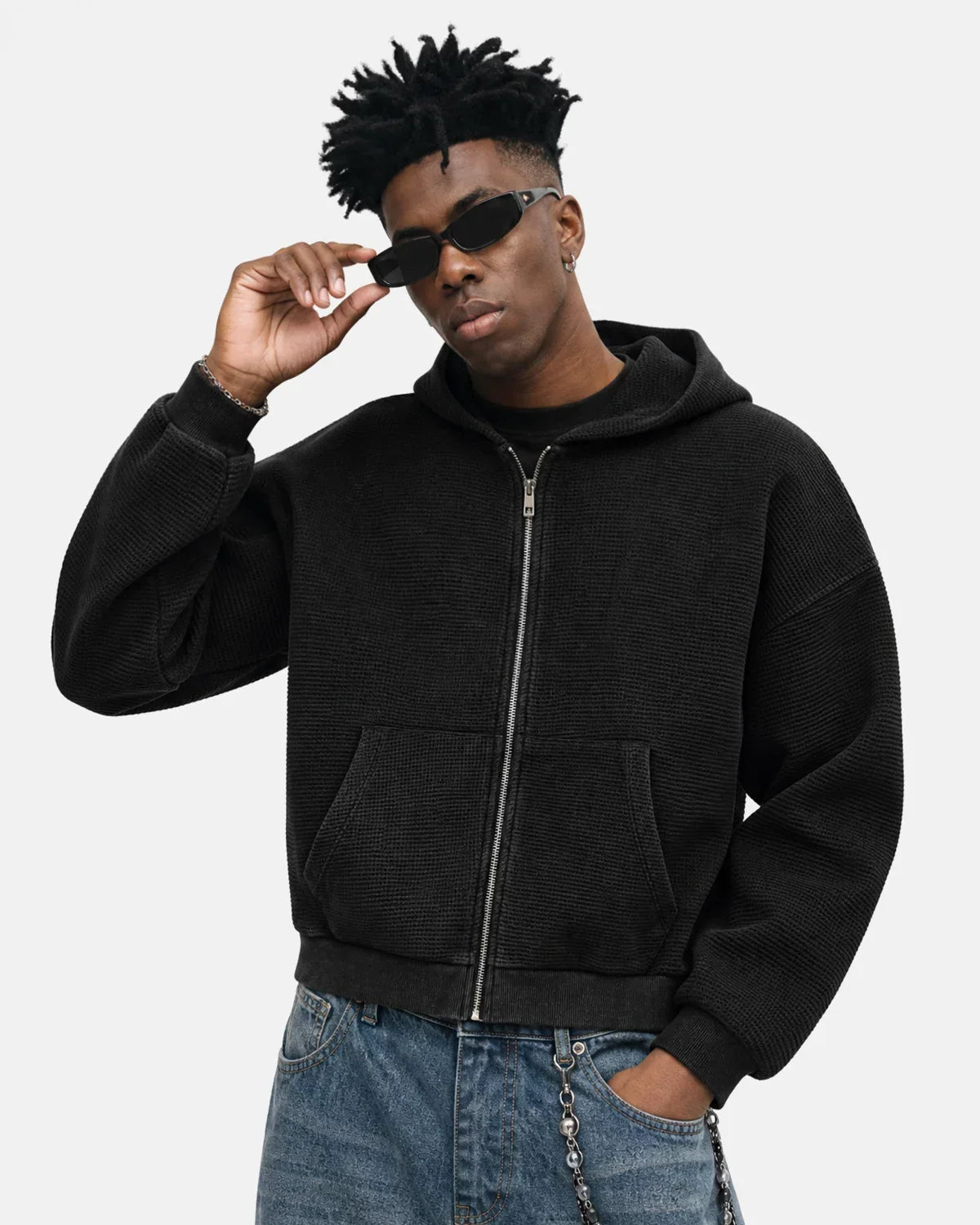 Sweat à capuche zippé gaufré délavé vintage