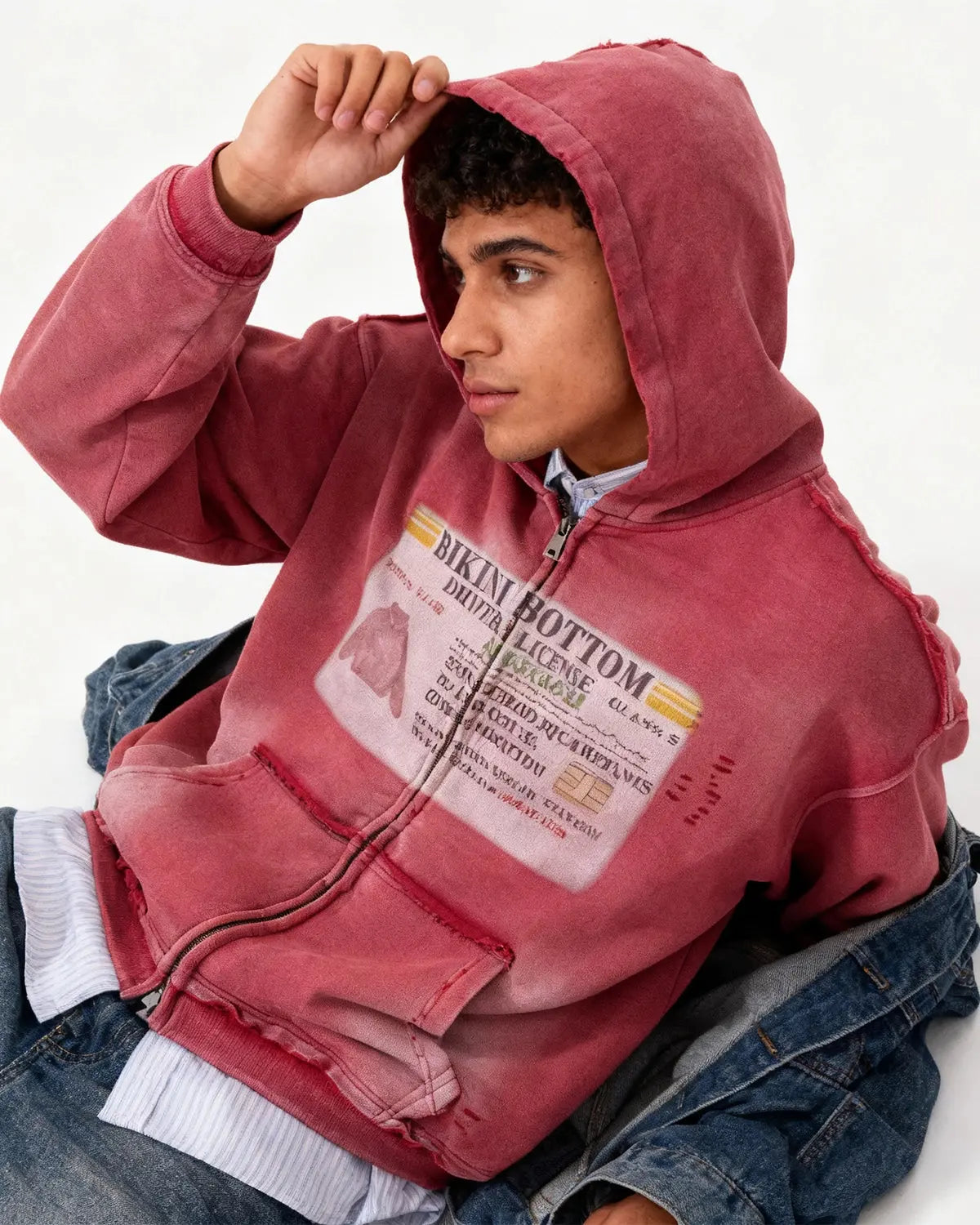 Graphic Ripped Washed Zip Up Hoodies