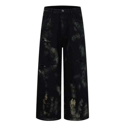 Madxmarx Paint-Wash Destroyed Wide-Leg Jeans - XS / Black