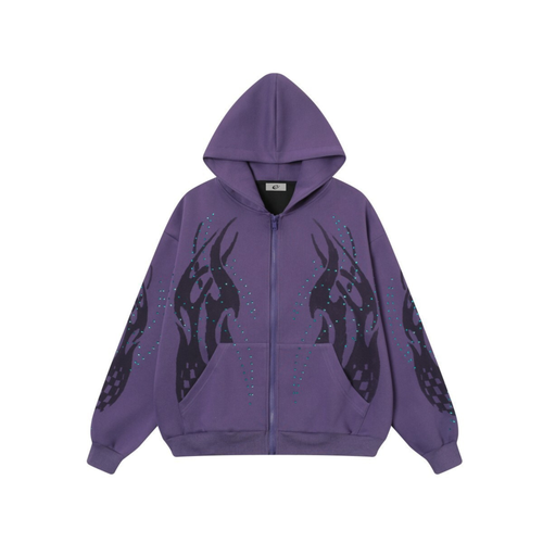 Madxmarx Flame Print Rhinestone Zip-Up Hoodie - M / Purple