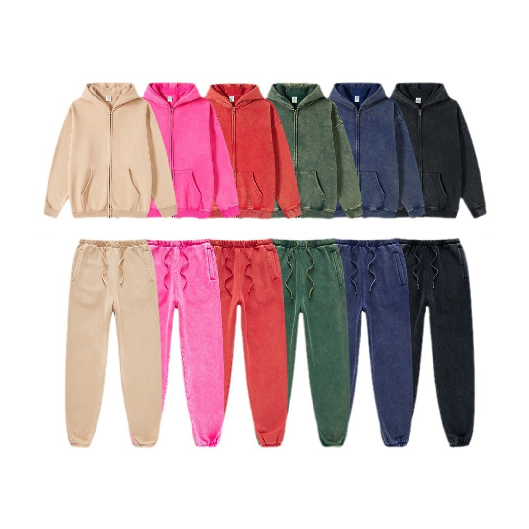 Oversize Fleece Lining Washed Zipper Hoodie & Pullover Hoodie & Pants Setup