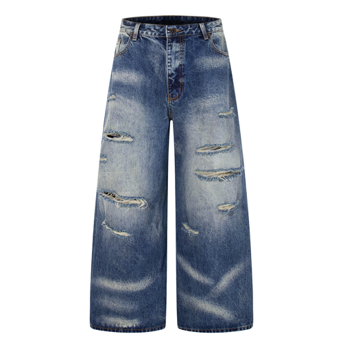 Madxmarx Heavy-Distress Fade Wide-Leg Jeans - S / Blue