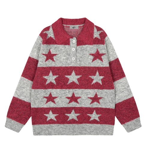 Madxmarx Star Stripe Knit Polo Sweater - M / Red