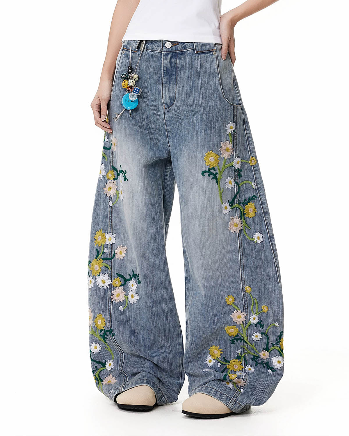 Embroidery Bamboo Weave Baggy Jeans