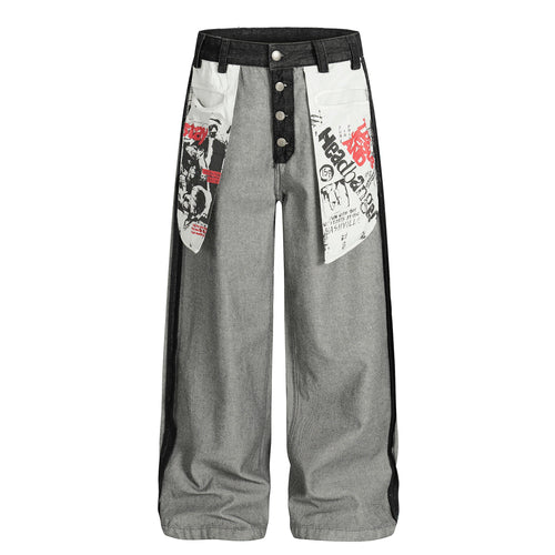 Madxmarx Patch Flap Contrast Panel Wide-Leg Jeans - XS / Grey