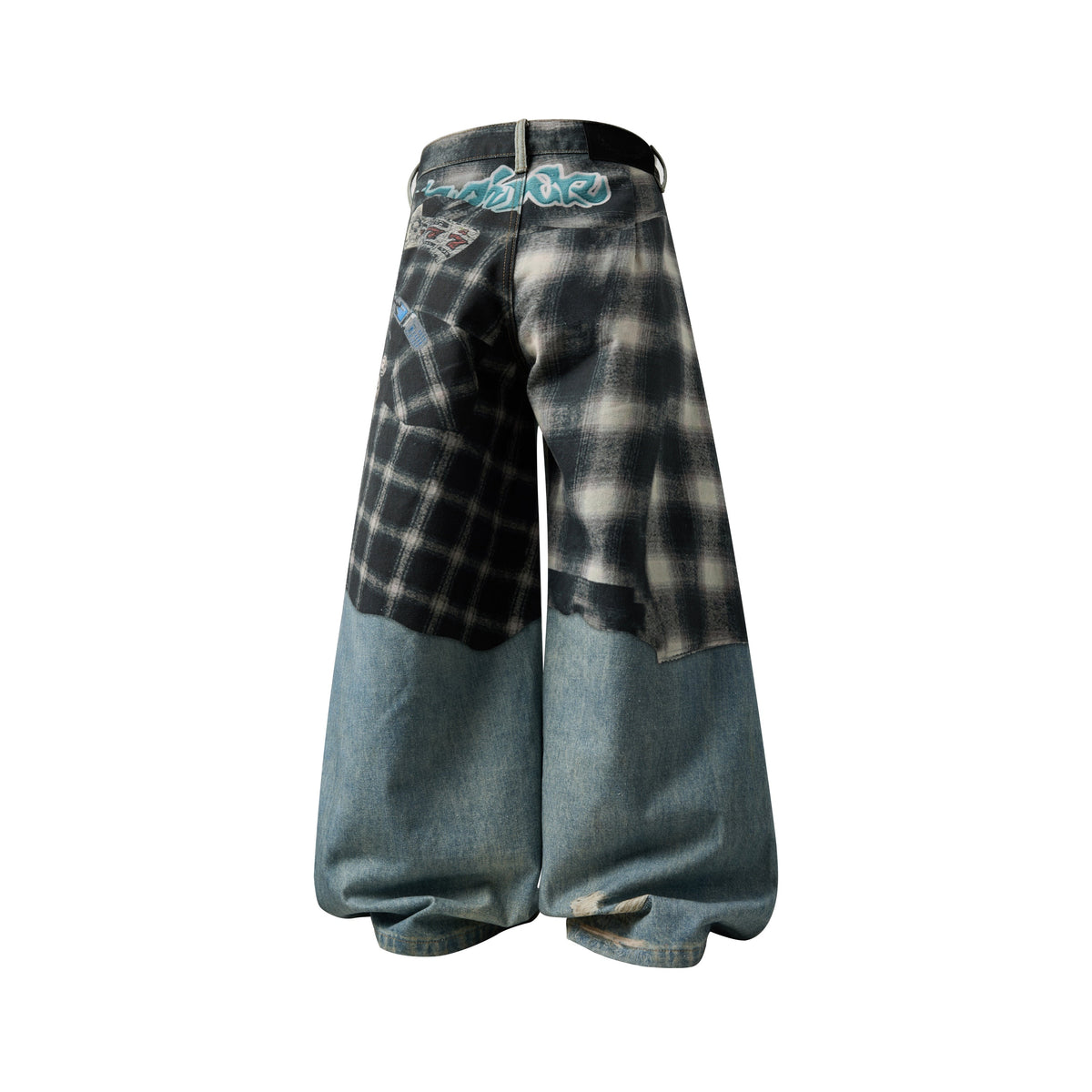 Jeans tipo globo de parches de franela en capas de Madxmarx