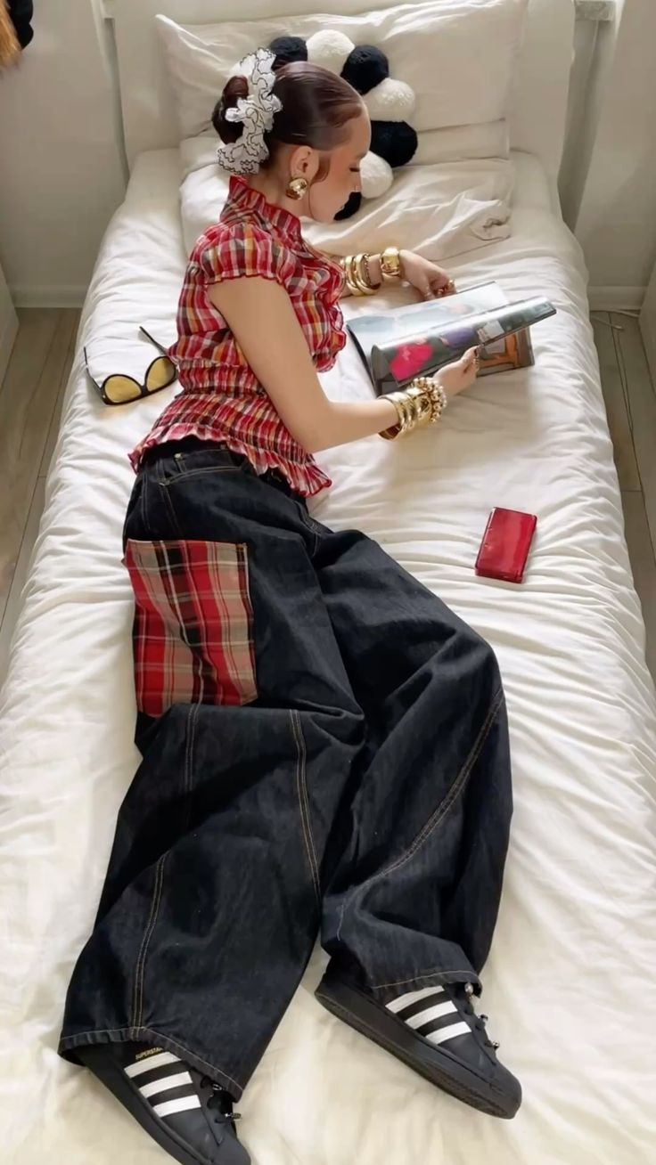 Scimitar plaid patchwork baggy radish jeans