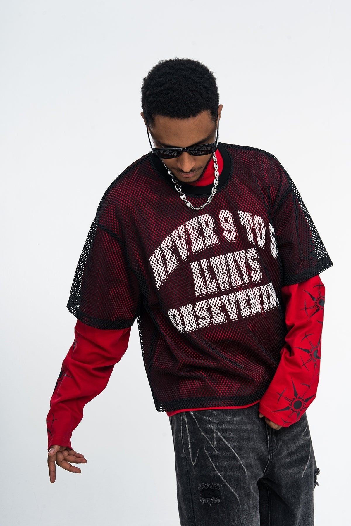 Madxmarx Layered Mesh Graphic Long Sleeve Tee
