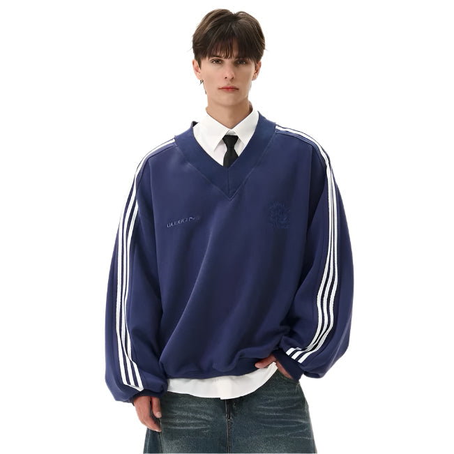 Madxmarx Stripe V-Neck Pullover Sweatshirt