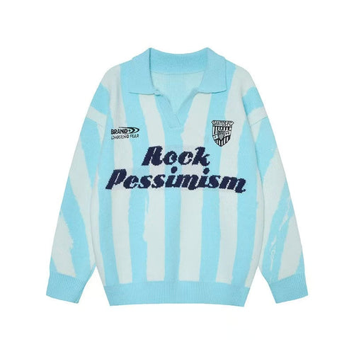 Madxmarx “Rock Pessimism” Striped Knit Polo Sweater - S / Blue