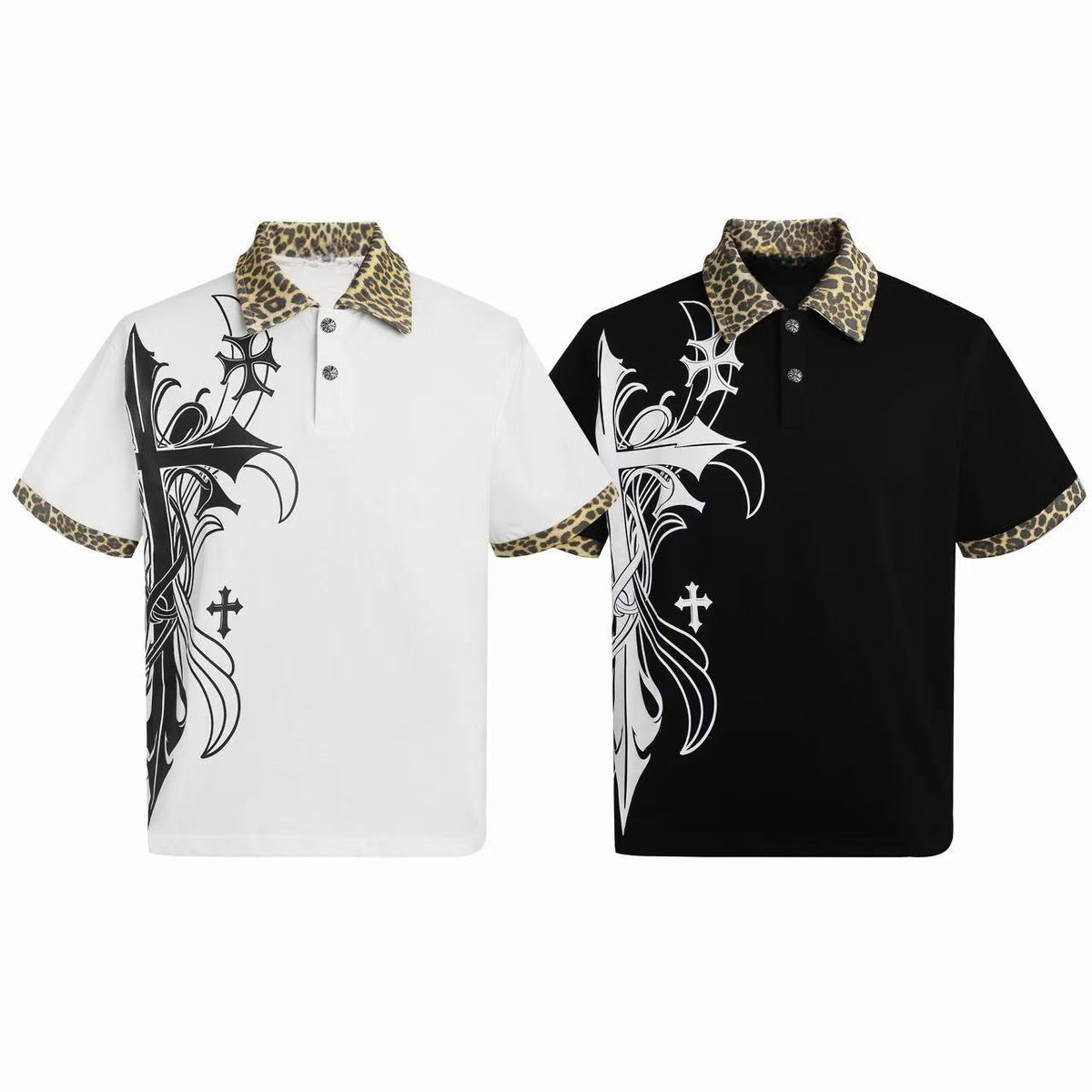 Madxmarx Gothic Cross Leopard Collar Polo Shirt
