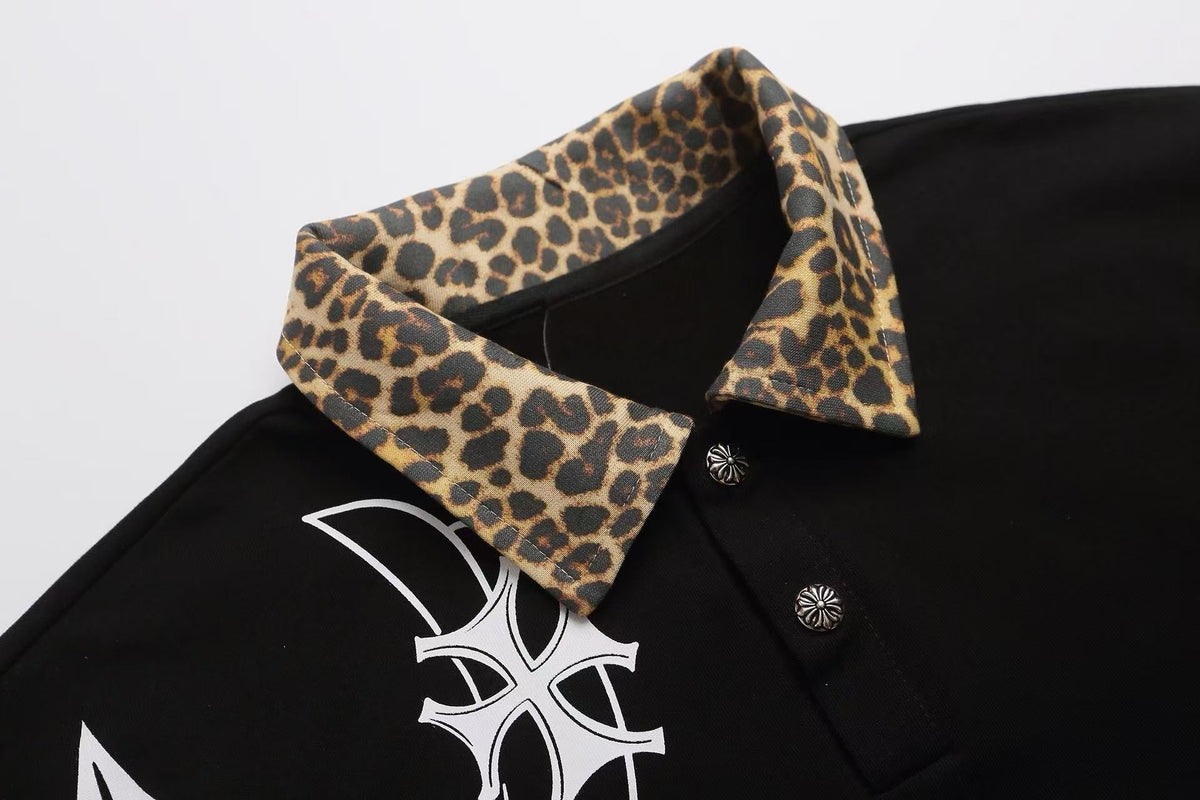 Madxmarx Gothic Cross Leopard Collar Polo Shirt