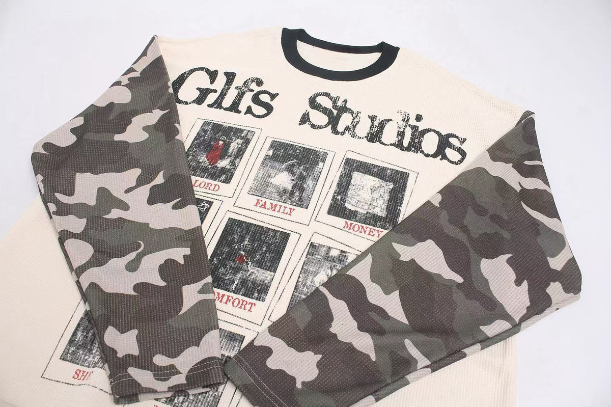 Madxmarx Camo Sleeve Graphic Waffle Long Sleeve