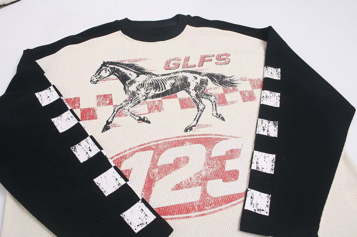 Madxmarx Vintage Racing Horse Waffle Long Sleeve