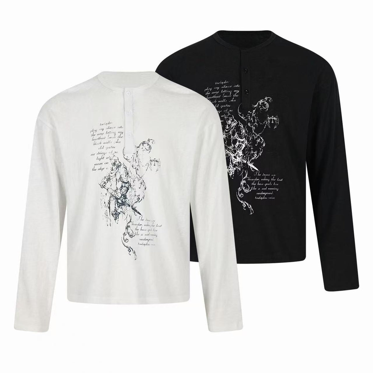 Madxmarx Vintage Sketch Henley Long Sleeve Tee