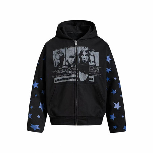 Madxmarx Star Sleeve Graphic Zip-Up Hoodie - S / Black