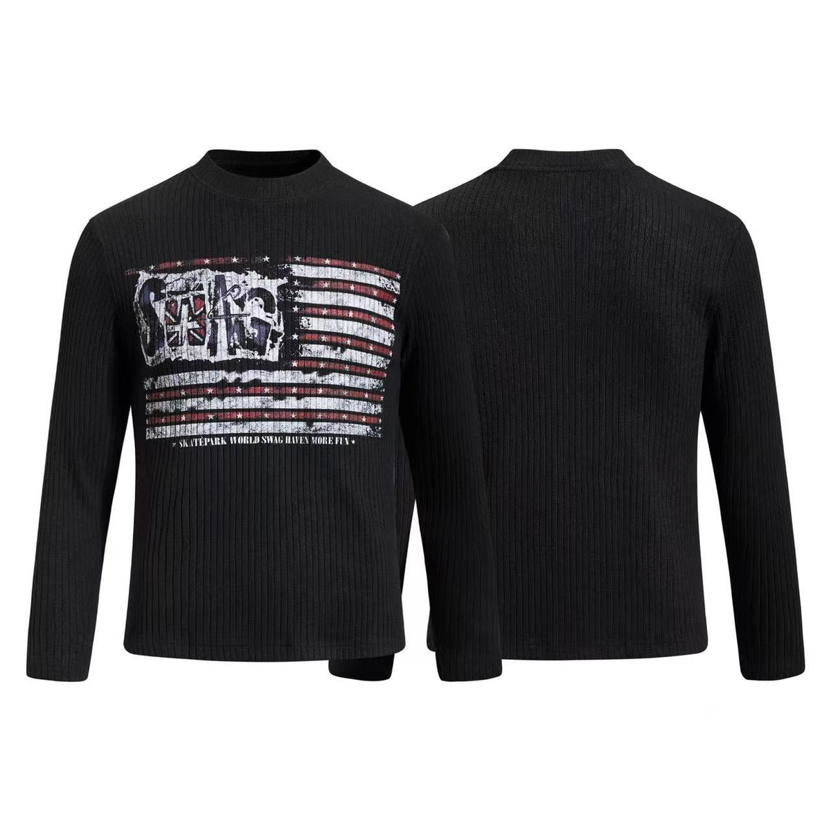 Madxmarx Distressed Flag Ribbed Long Sleeve Tee