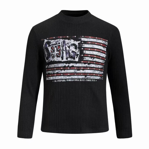 Madxmarx Langarmshirt mit gerippter Struktur und Distressed-Flag-Print - S / Schwarz