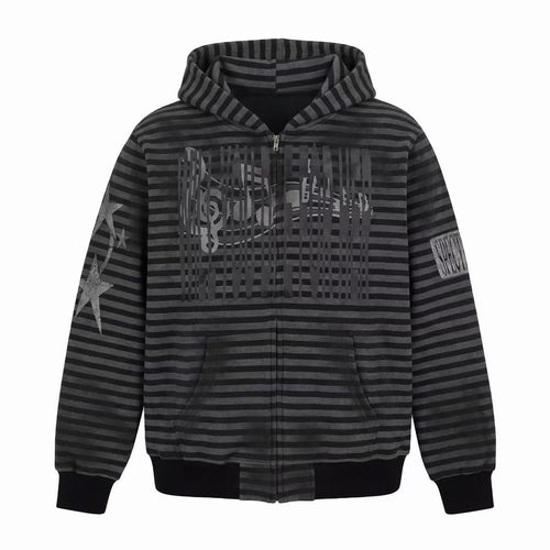 Madxmarx Striped Graphic Zip-Up Hoodie - S / Black