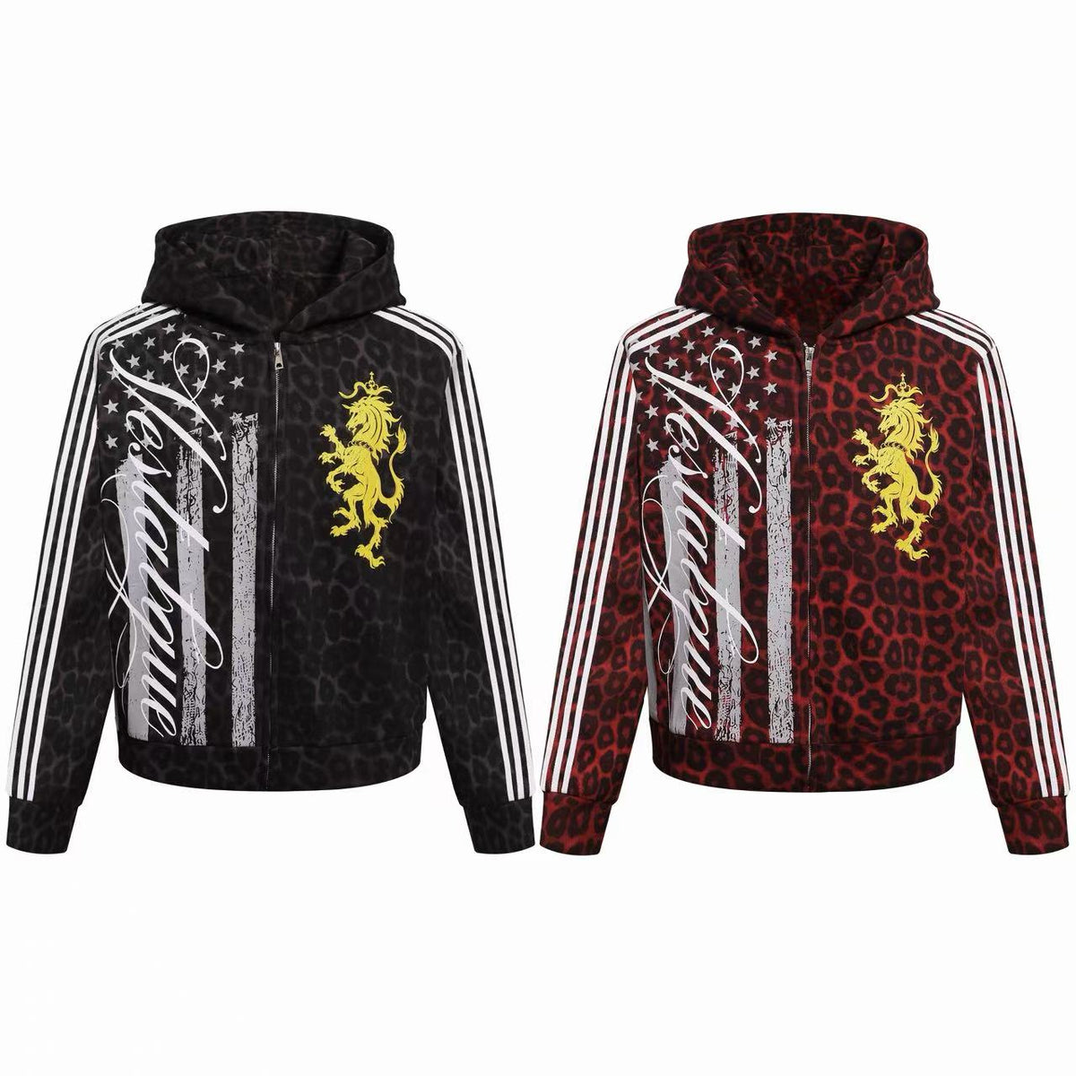 Madxmarx Leopard Crest Stripe Zip-Up Hoodie