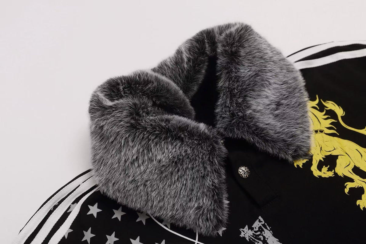Madxmarx Faux Fur Collar Crest Graphic Long Sleeve Polo