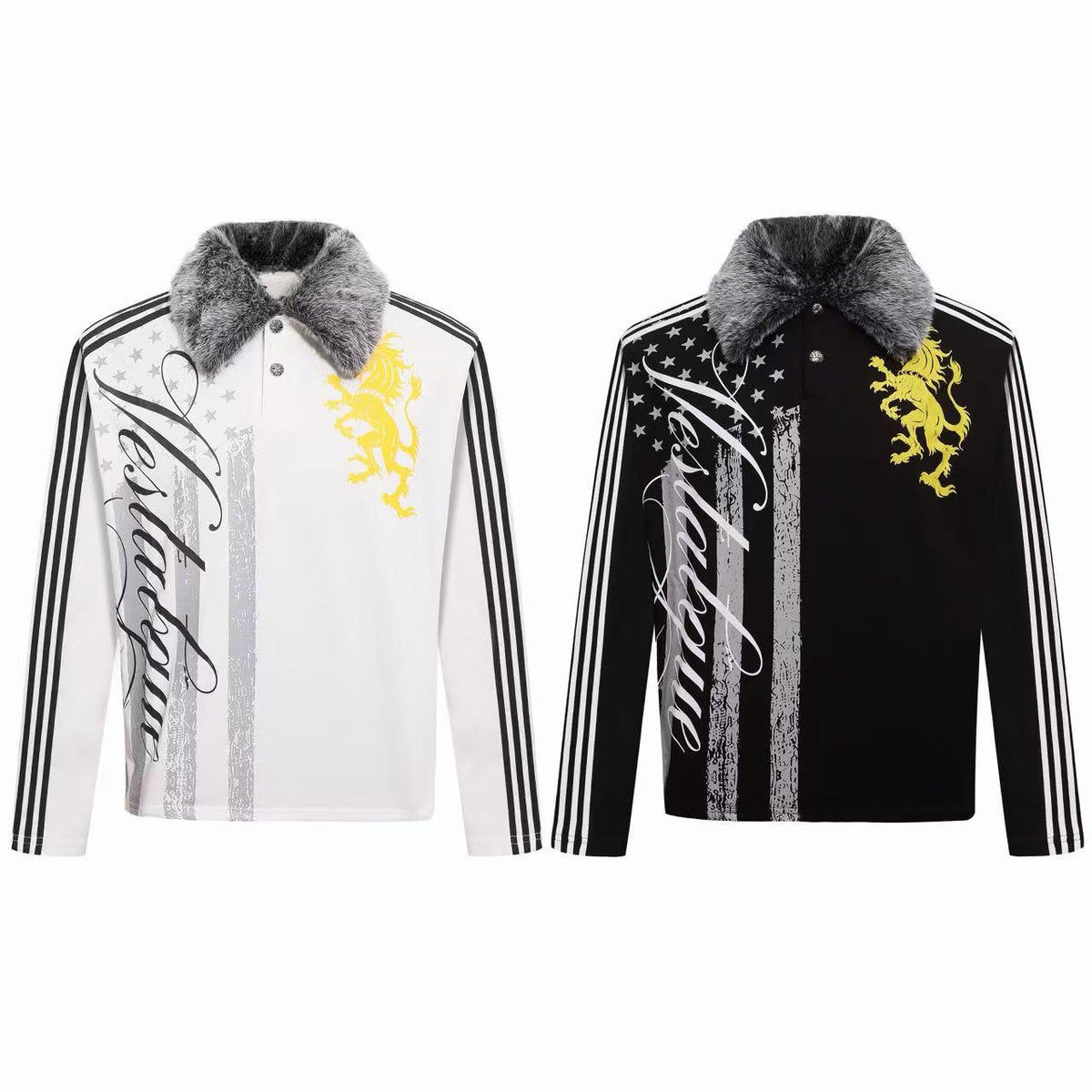 Madxmarx Faux Fur Collar Crest Graphic Long Sleeve Polo