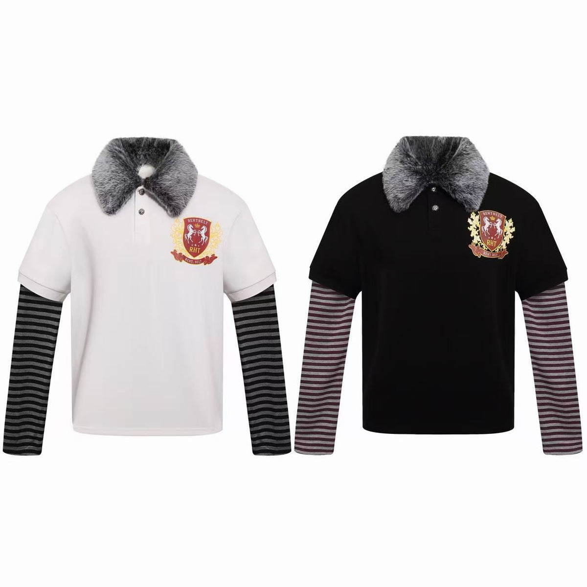 Madxmarx Faux Fur Collar Layered Polo Long Sleeve Tee
