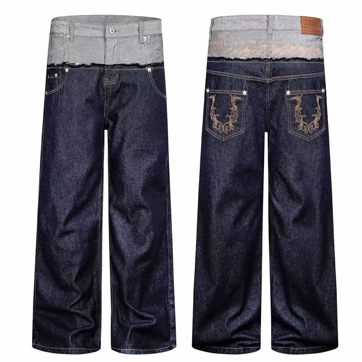 Madxmarx Contrast Waist Embroidered Wide-Leg Jeans