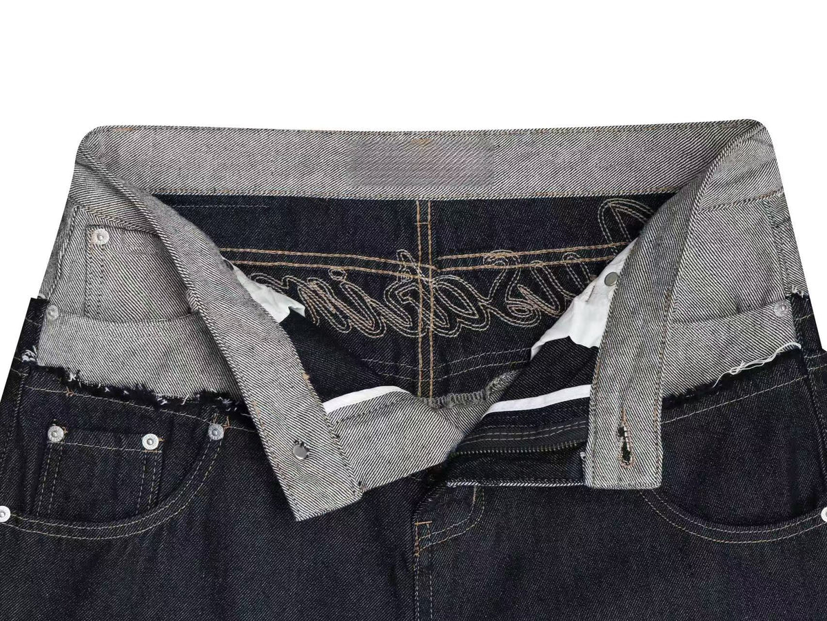 Madxmarx Contrast Waist Embroidered Wide-Leg Jeans