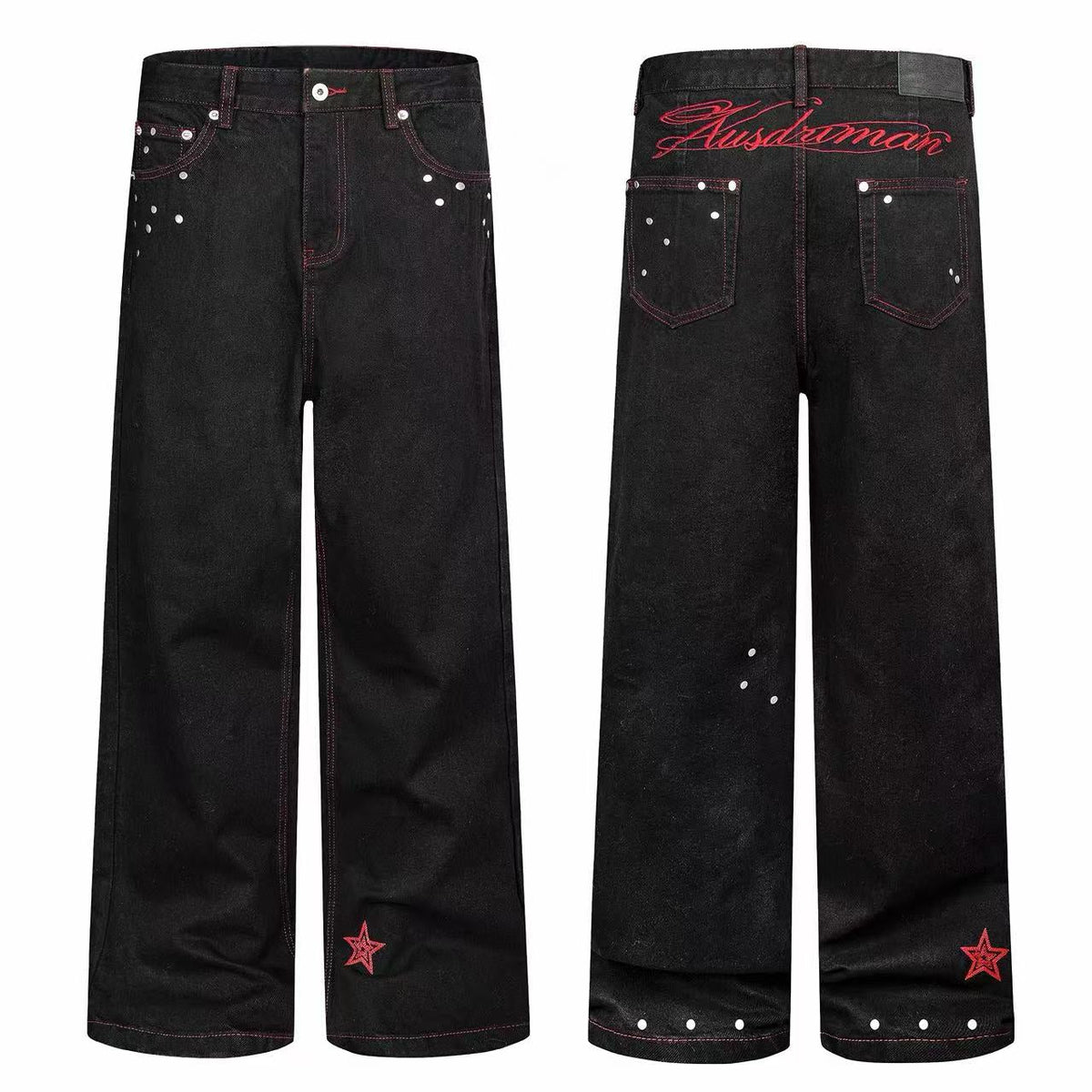 Madxmarx Red Stitch Studded Wide-Leg Jeans