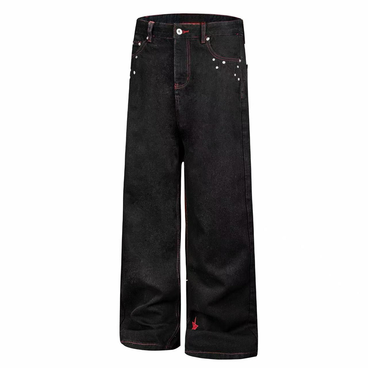 Madxmarx Red Stitch Studded Wide-Leg Jeans